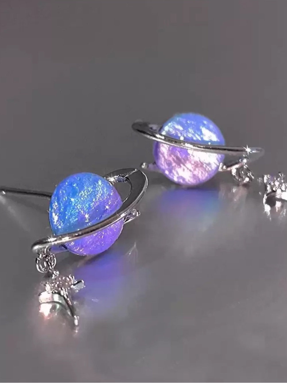 Silver Planet Halo Stud Earrings with Blue-Purple Opal
